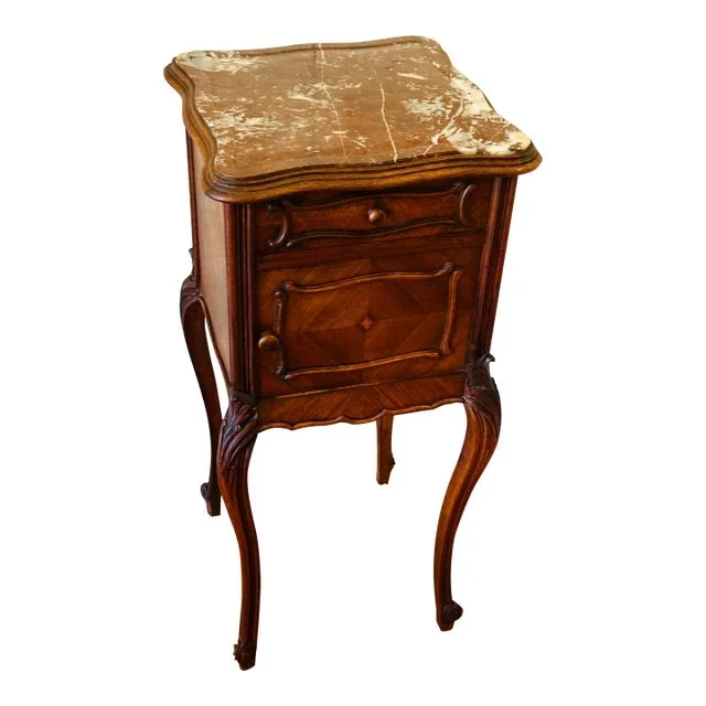 Antique French Louis XV Carved Walnut Nightstand With Marble Top