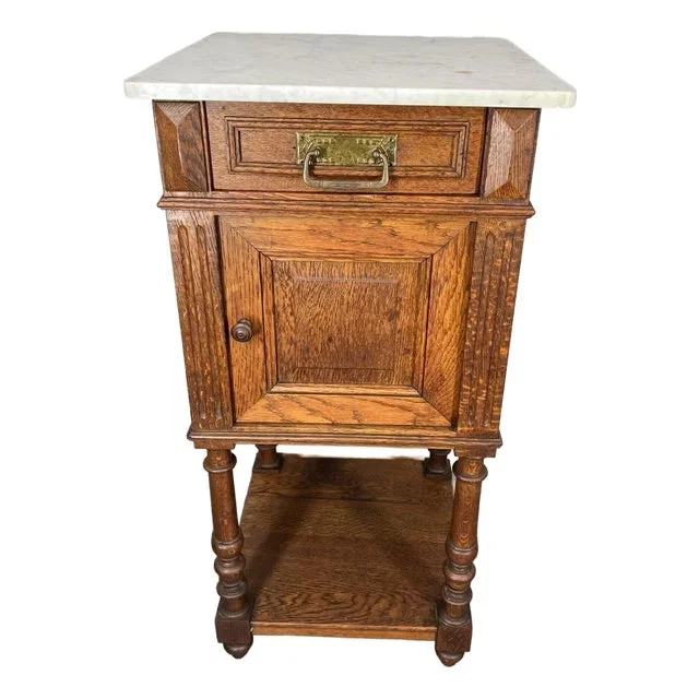 Antique French Marble Top Oak Nightstand