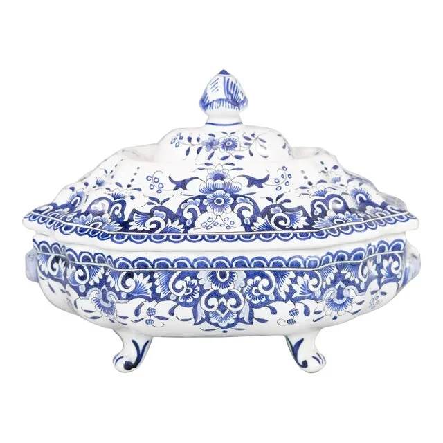 Antique French Rouen Faience Blue & White Tureen