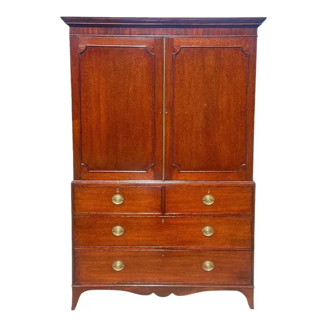 Antique George III Era Mahogany Blind Door Linen Press Cabinet on French Feet