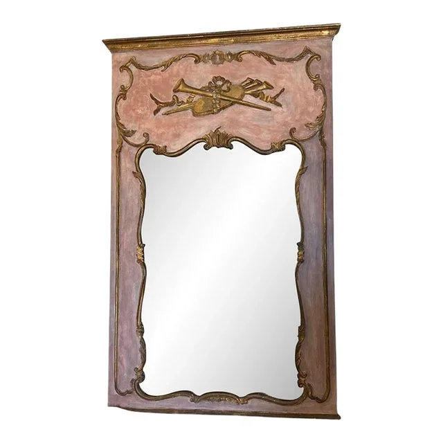 Antique Italian Luis XV Style Trumeau Mirror With Gilded Carved Music Instruments.