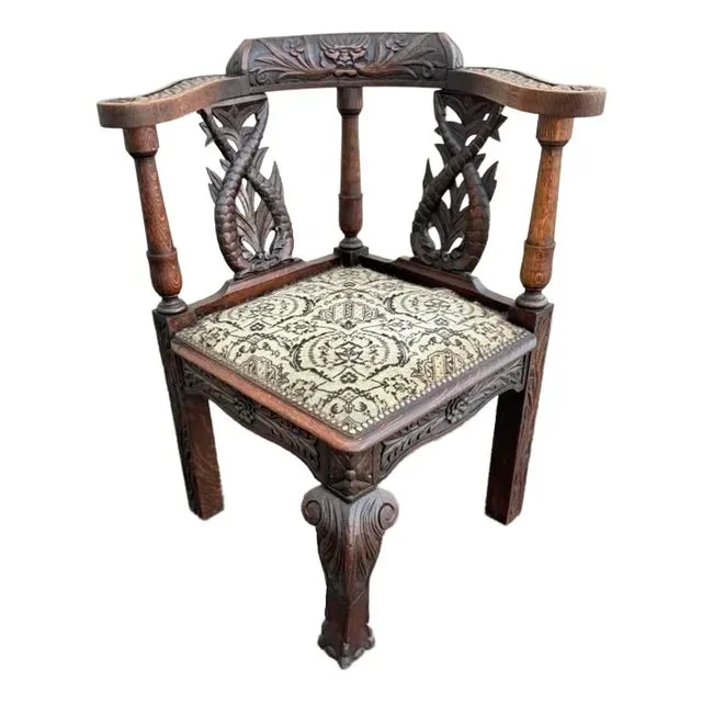 Antique Jacobean Revival Style Carved Oak Corner Chair, 19th Century