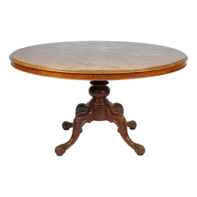 Antique Late 19th C Edwardian Mahogany & Walnut Round Dining Table