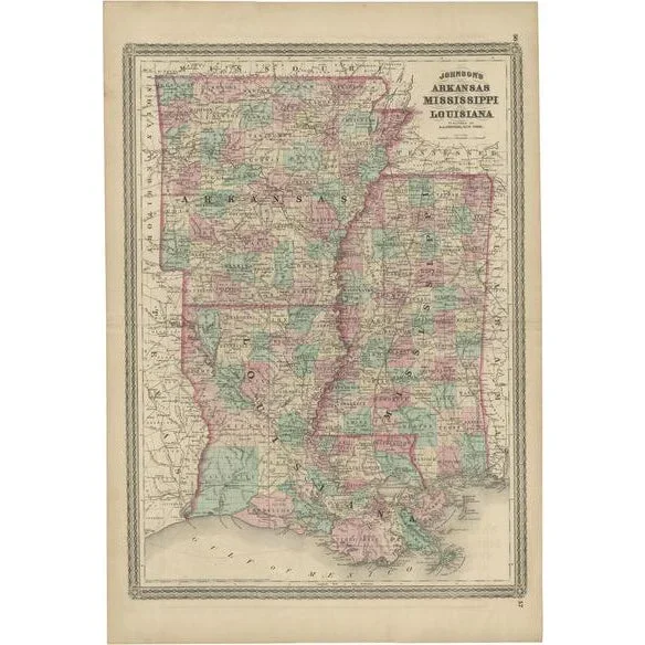 Antique Map of Arkansas, Mississippi and Louisiana by Johnson, 1872