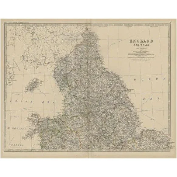 Antique Map of Northern England and Wales by Johnston, 1882