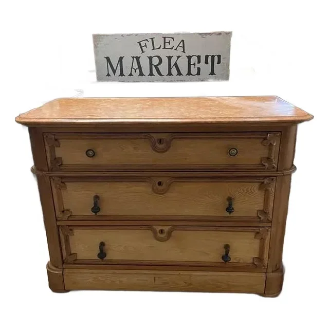 Antique Marble Topped Oak Wood Dresser, Circa 1900, Cove and Pin Joint, Three Drawers