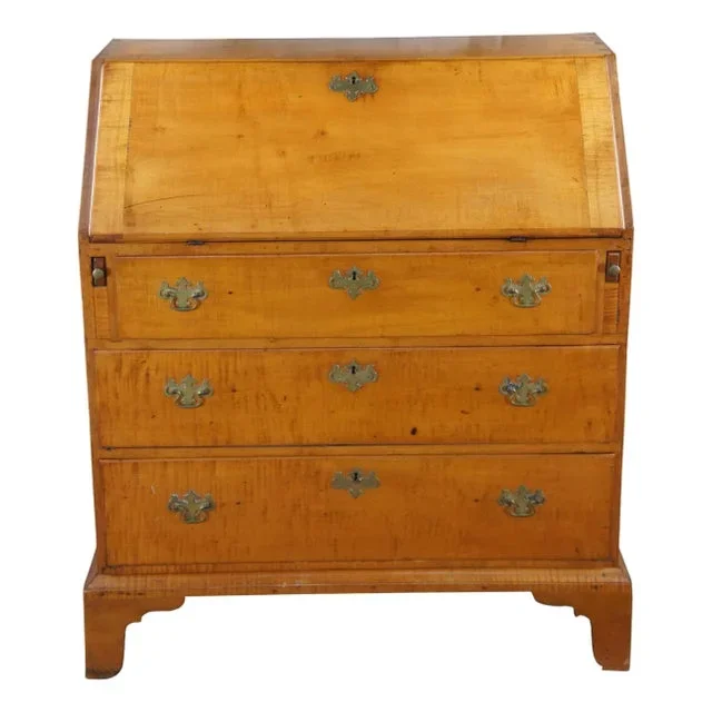 Antique New England American Chippendale Curly Maple Slant Front Secretary Desk