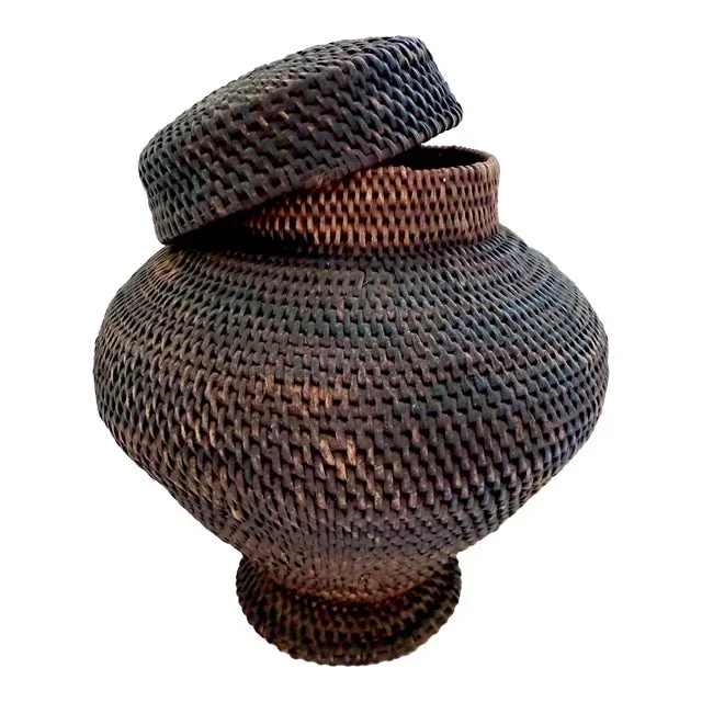 Antique Philippines Ifugao Gor-Bun Rattan Lidded Basket Rice Storage