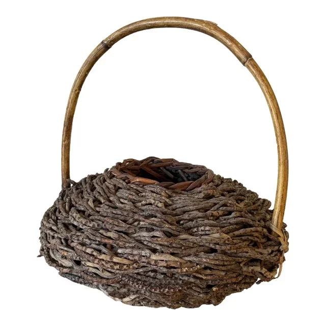 Antique Primitive Basket of Woven Root, Reeds and Twigs