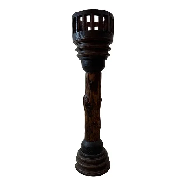 Antique Rustic Wooden Plant Stand With Wheel Axle Base