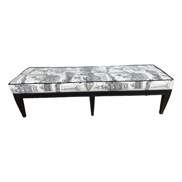 Antique-Style Bench With Schumacher Views of Paris Upholstery