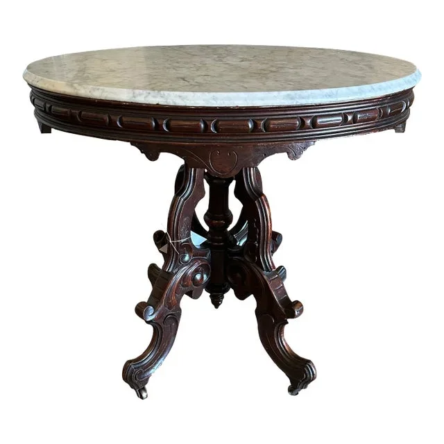 Antique Thomas Brooks Victorian Walnut Oval Parlor Table With White Marble Top and Casters
