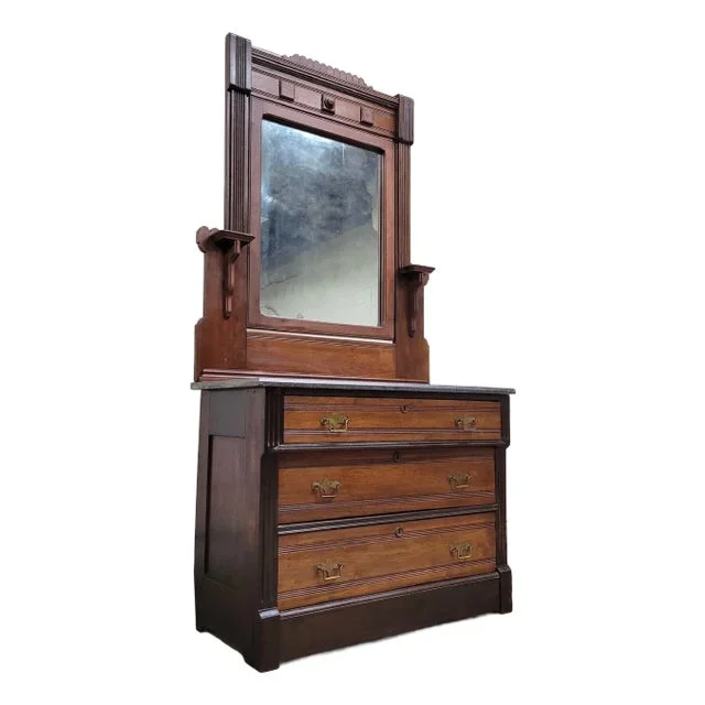 Antique Victorian Eastlake Farmhouse Marble Top Carved Dresser With Mirror