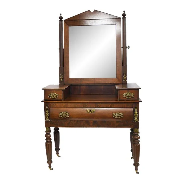 Antique Victorian Eastlake Hardwood Vanity With Mirror & Brass Hardware
