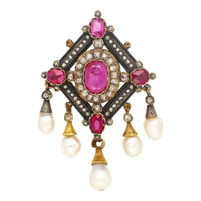 Antique Victorian No-Heat Ruby, Pearl, & Diamond Gold/Silver Brooch