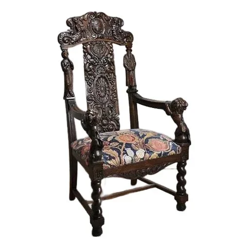 Antique Victorian Oak Heavily Carved Parlor Throne, Circa 1880