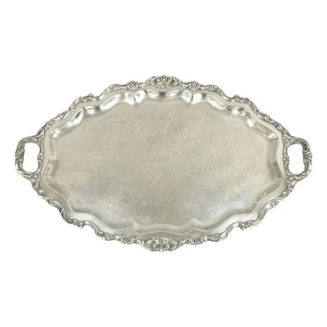 Antique Wallace Baroque Large Silver Plated Serving Bar Tray With Handles