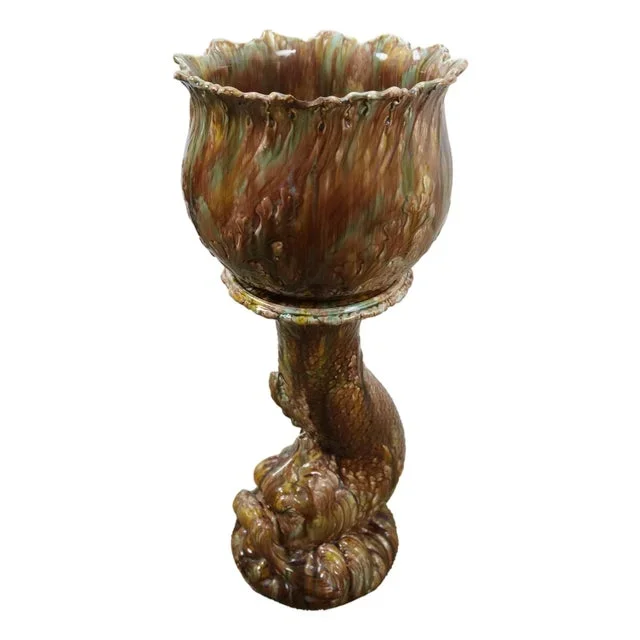 Antique Wannopee Pottery Majolica Delphin Dolphin Pedestal Jardiniere Planter