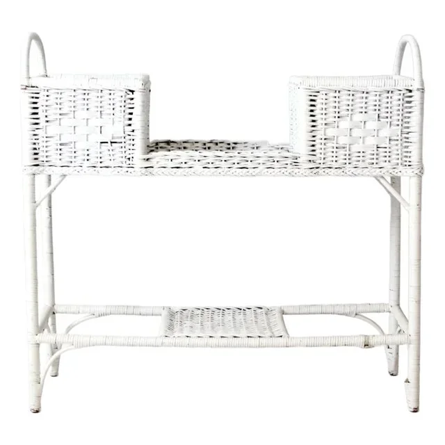 Antique White Wicker Planter Basket Stand