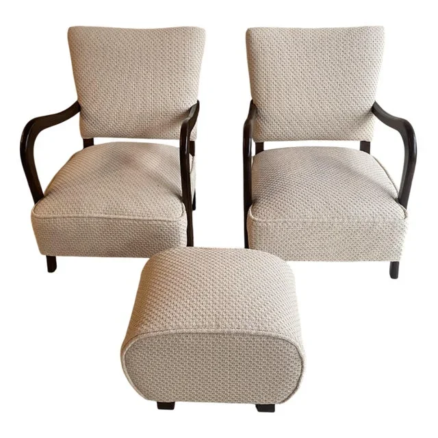 Armchairs and Footstool in Walnut and Fabric, Italy, 1950s, Set of 3