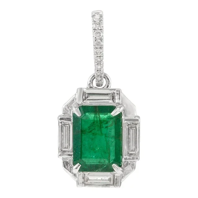 Art Deco 1.26 Carat Octagon Cut Emerald Diamond Halo Pendant