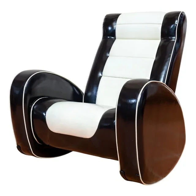 Art Deco Americana Rocking Chair Lounge Chair in Black – White Leatherette from MCM, 1989