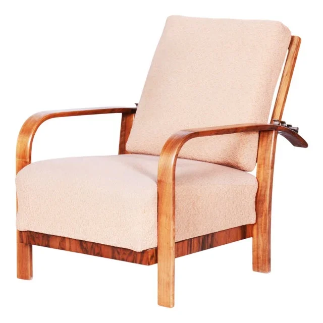 Art Deco High Gloss Reclining Armchair in Walnut, Czech, 1920s