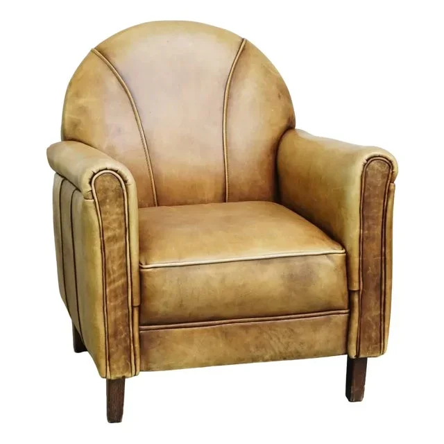 Art Deco Light Cognac Armchair in Leather