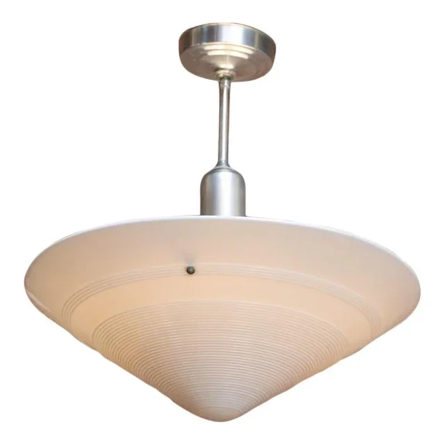 Art Deco Milk Glass Conical Pendant Ceiling Fixture With Concentric Circle Motif