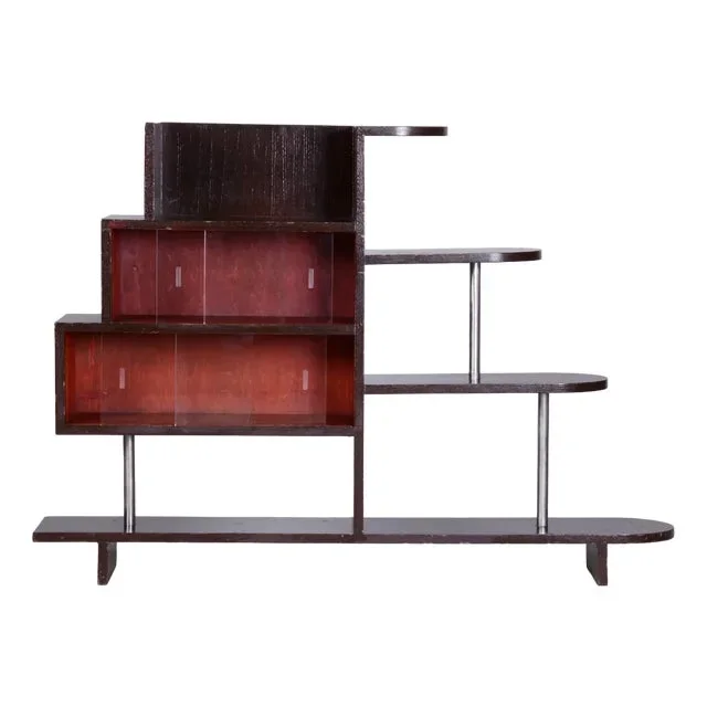Art Deco Plant Table in Oak, Glass & Chromed Steel, Czech, 1930s