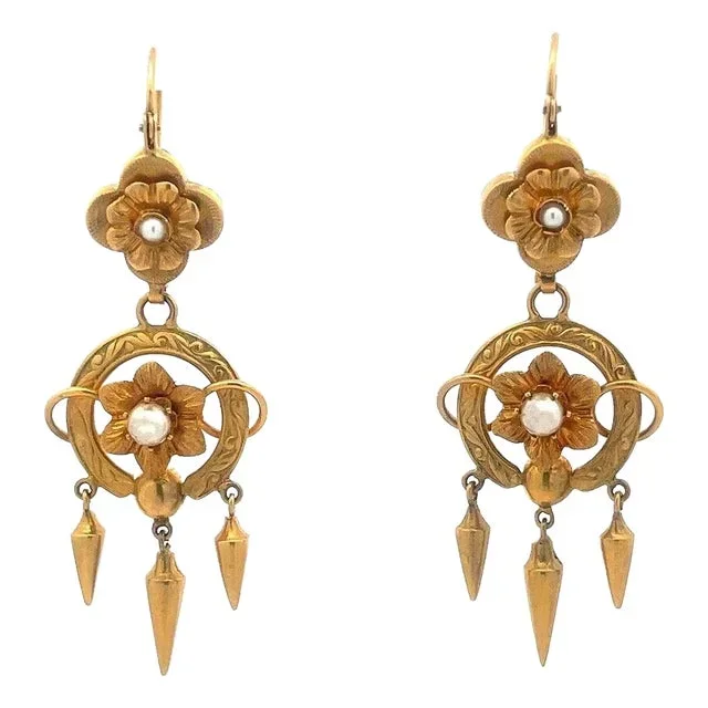 Art Nouveau Gold Dangle Earrings 15k Yellow Pearl Floral Style, 2 pieces