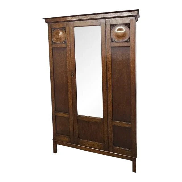 Arts & Crafts Oak Wardrobe With Carved Roundels and Mirrored Center Door