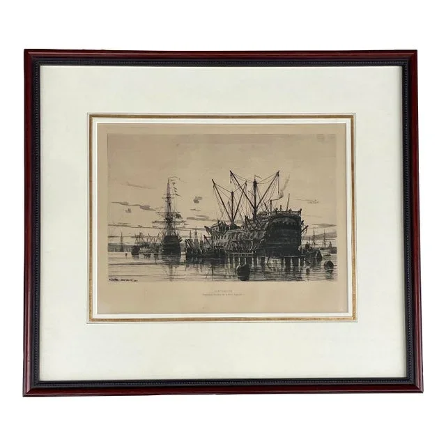 Auguste Ballin Etching Portsmouth Queen C. 19th Century., Framed