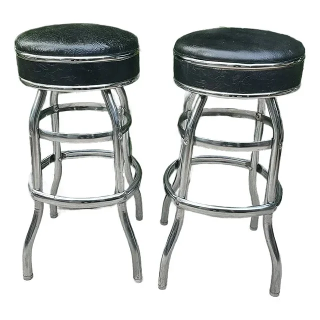 Bar Counter Kitchen Stools Chrome Mid Century Vintage Black Leather Seats