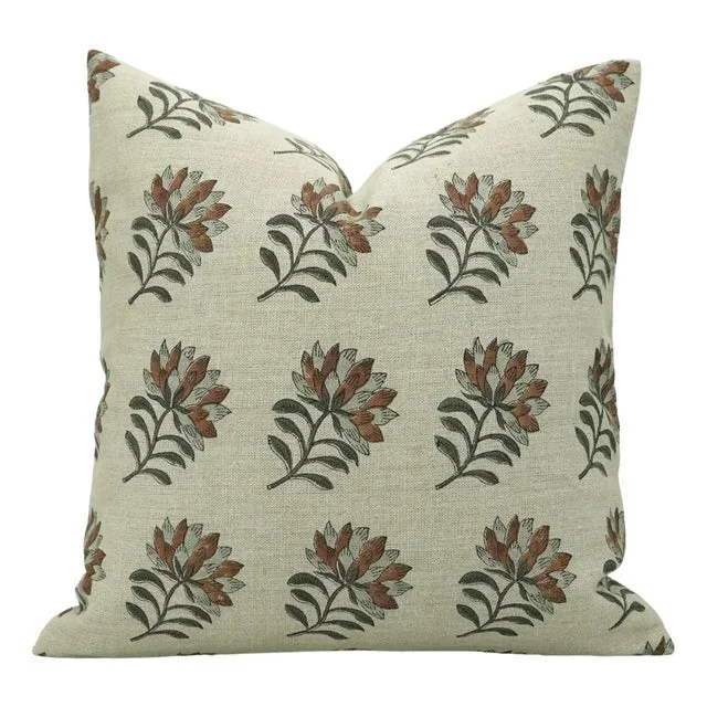 Block Printed Pillow Cover in Thick Linen for Sofa Couch or Bed 14×20 Inch- Summer Flower
