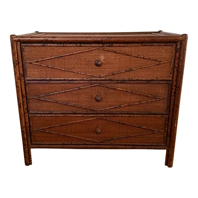 Bloomingdales Burnt Bamboo Tortoiseshell 3 Drawer Vintage Rattan Dresser Chest