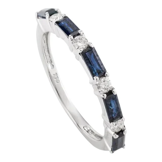 Blue Sapphire and Diamond Dainty Band Ring in 18k White Gold Ring Size 9