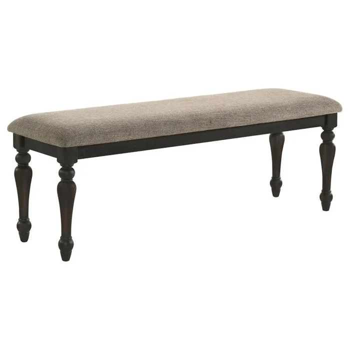 Bridget Fabric Upholstered Dining Bench – Stone and Charcoal Finish, Backless Seating, Turned Legs, Comfortable Foam Cushion, Traditional Elegance