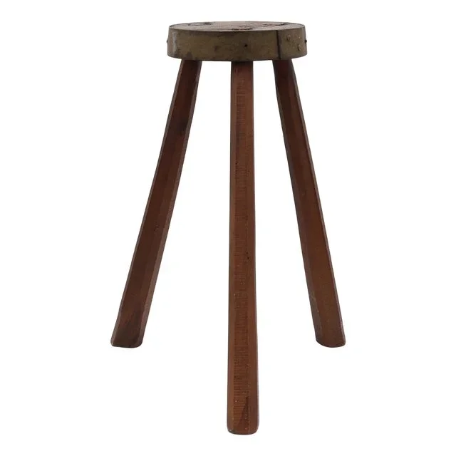 Brutalist French Oak Tripod Stool with Metal Rim, 1850s