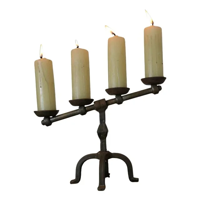 Brutalist Gothic Hand-Forged Iron 4-Candle Candelabra, 1960s