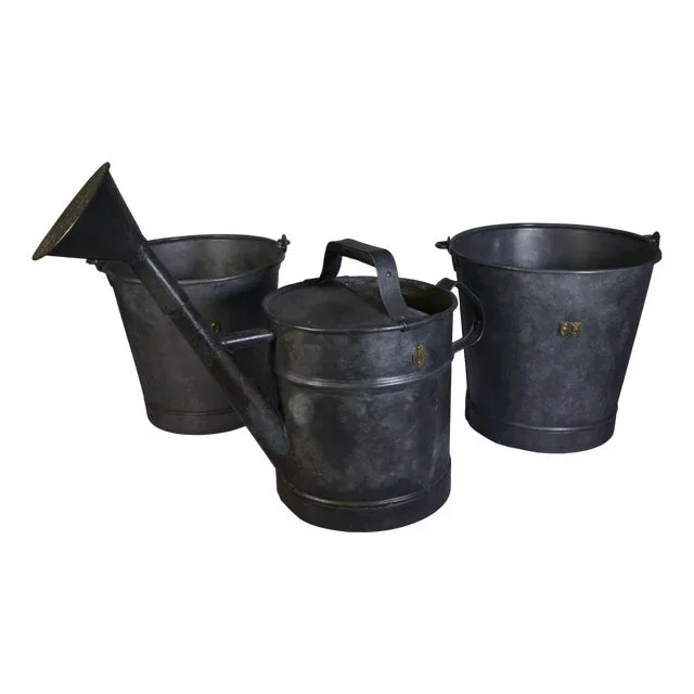 Buckets and Watering Can in Galvanized Steel with Brass Numbers, 1950s, Set of 3
