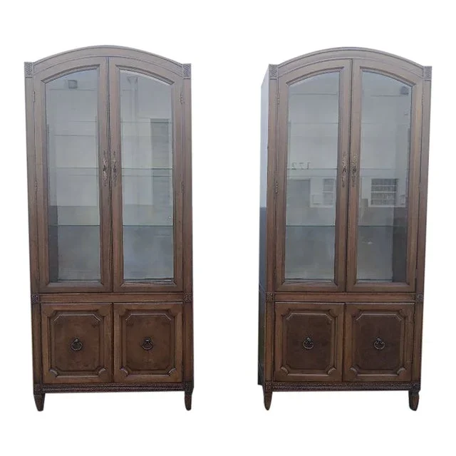C1960’s Italian Provincial Tall Brown Display Cabinets With Lit Glass Top/ Bottom Storage – A – Pair
