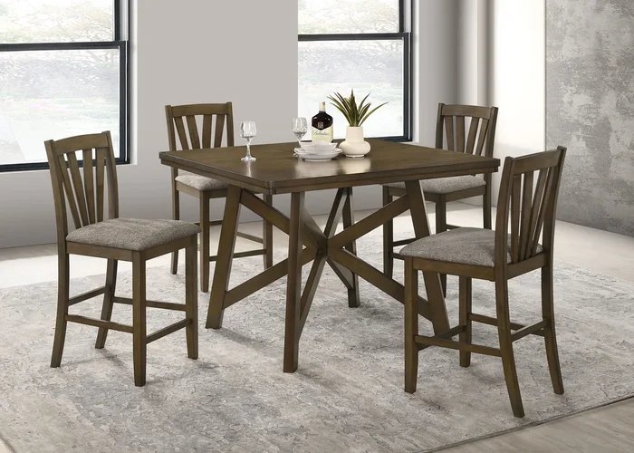 Canfield – 5 Piece Counter Height Dining Set With Brown Mindi Wood Table And Grey Upholstered Chairs – Stylish And Functional Kitchen Or Dining Set