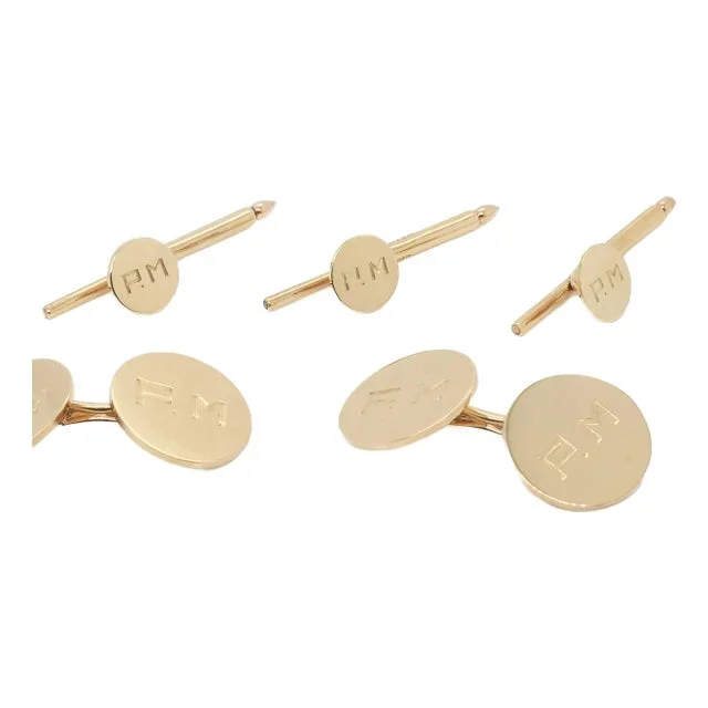 Cartier 14k Gold Monogrammed Cufflinks & Shirt Stud Dress Set