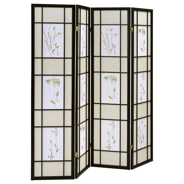 Catabella 4-Panel Room Divider Folding Shoji Screen with Floral Design – Black Frame, Privacy Screen for Bedroom, Living Room, or Office Spaces