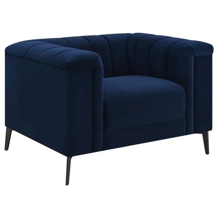 Chalet Upholstered Tuxedo Arm Tufted Chair – Navy Blue Velvet with Deep Vertical Channels & Black Metal Legs