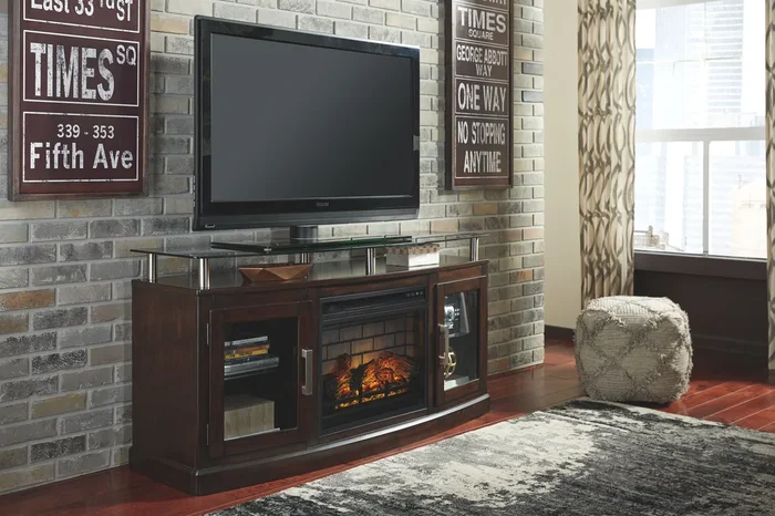 Chanceen – Dark Brown – 2 Pc. – 60″ Tv Stand With Faux Firebrick Fireplace Insert