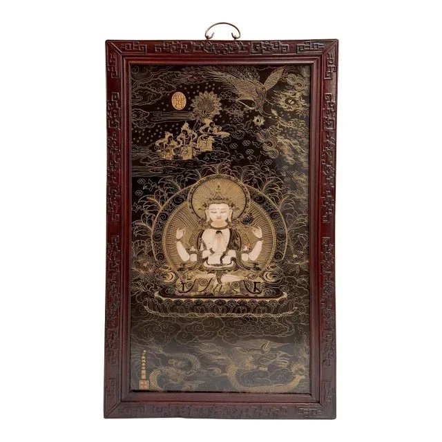 Chinese Framed Porcelain Buddhist Temple Plaque Bodhisattva Chenrezig