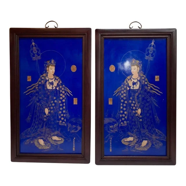 Chinese Framed Porcelain Buddhist Temple Plaques Standing Kuan Yin Diptych