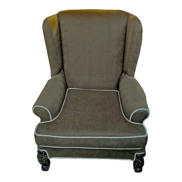 Classic Wingback Lounge Chair Upholstered in Brown & Gray Herringbone and Cream Piping